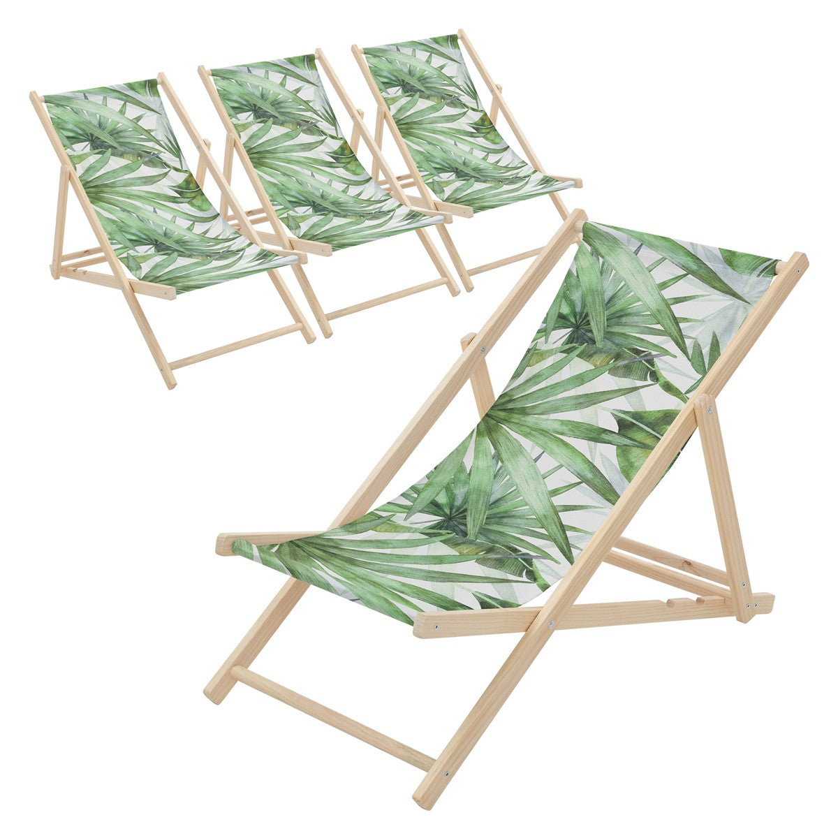 Quattro lettini con struttura in legno e motivo a foglie verdi.