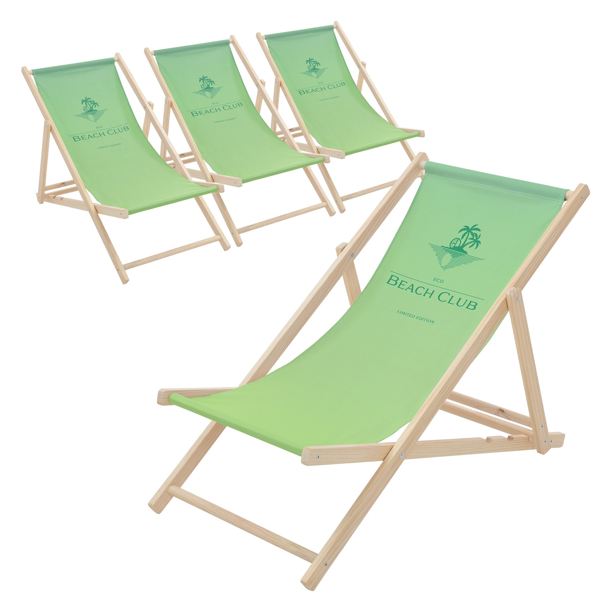 Vier grüne Liegestühle mit Holzgestell und Aufdruck 'BEACH CLUB'.