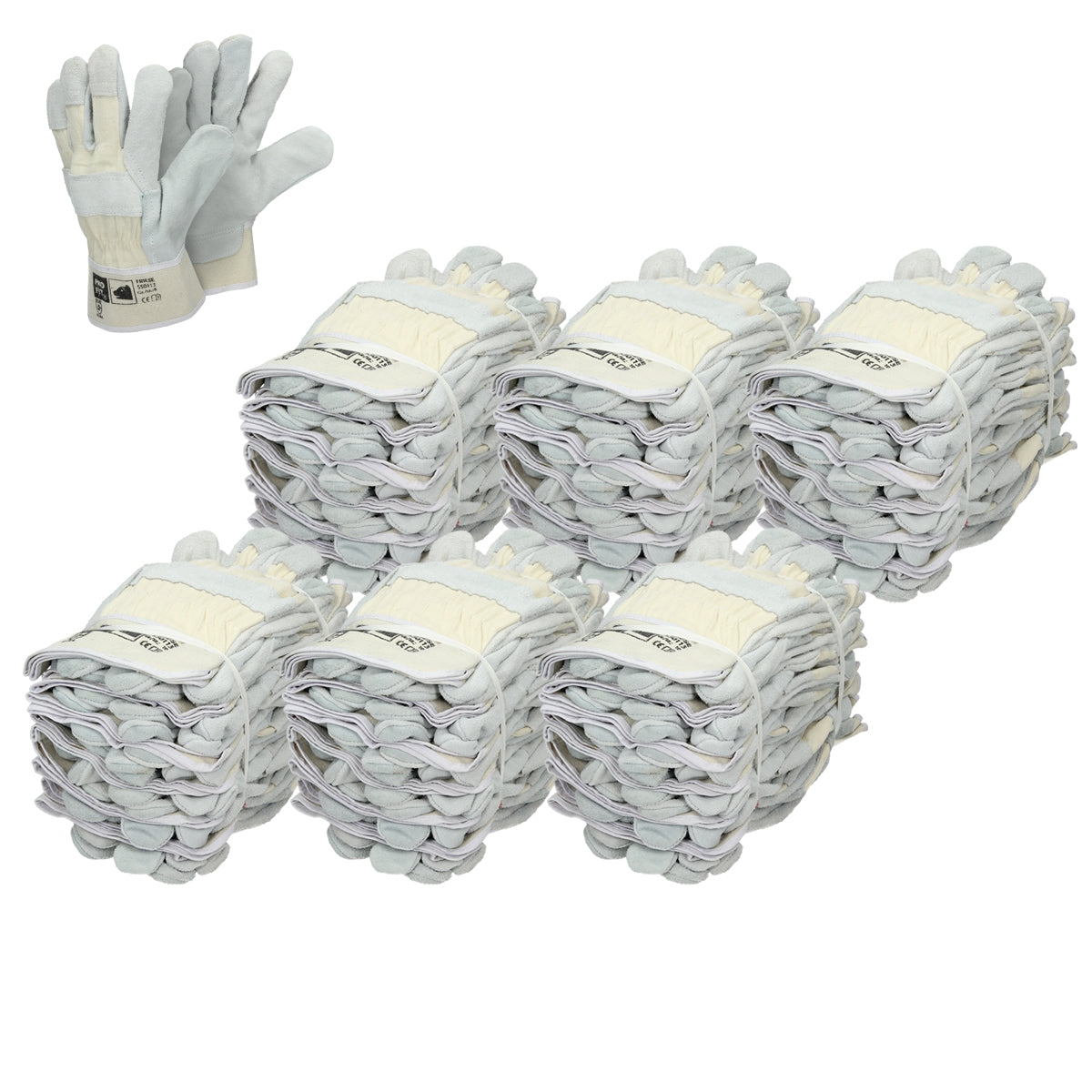 Seis pilas de guantes de trabajo grises sobre un fondo blanco.