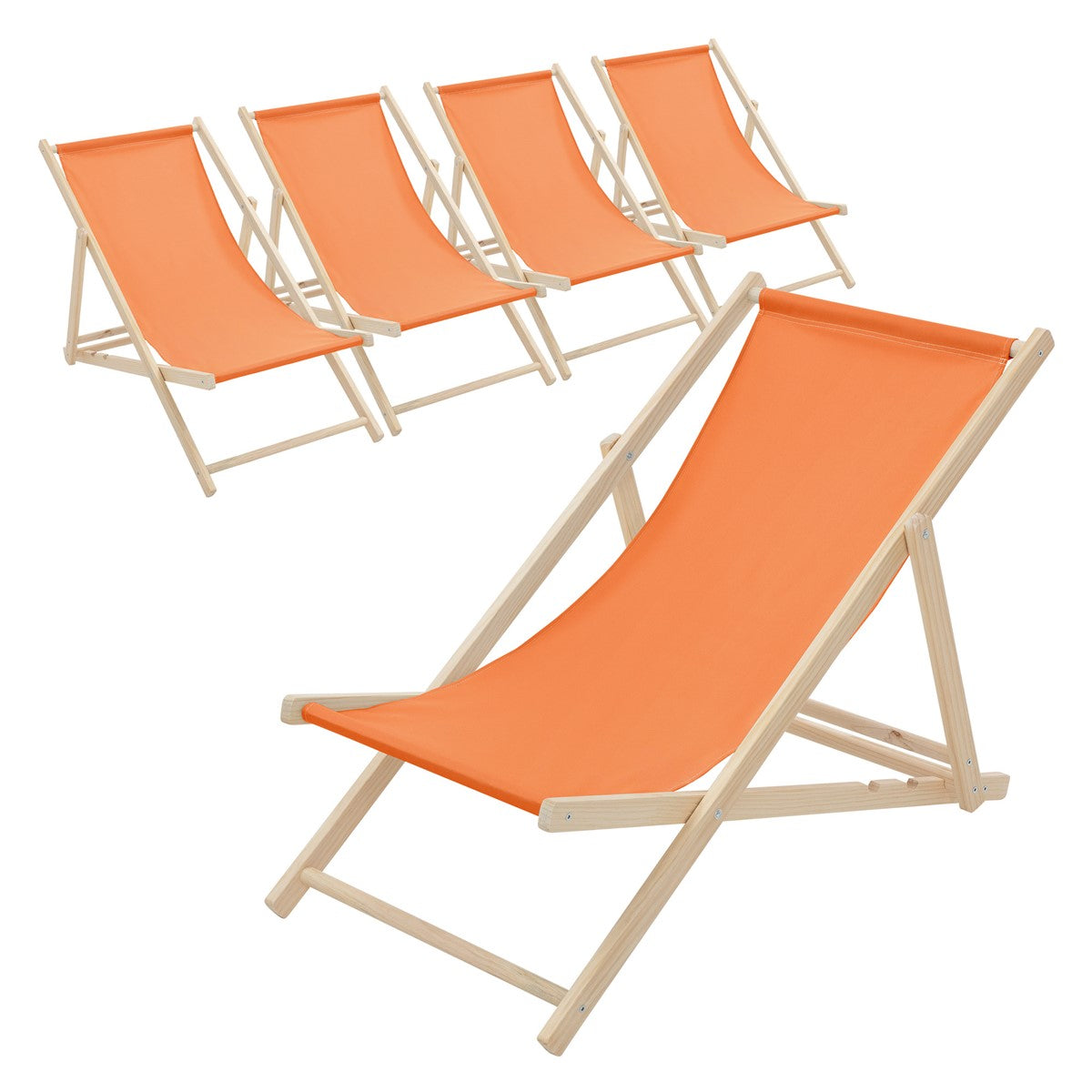 Vijf oranje ligstoelen op een witte achtergrond.