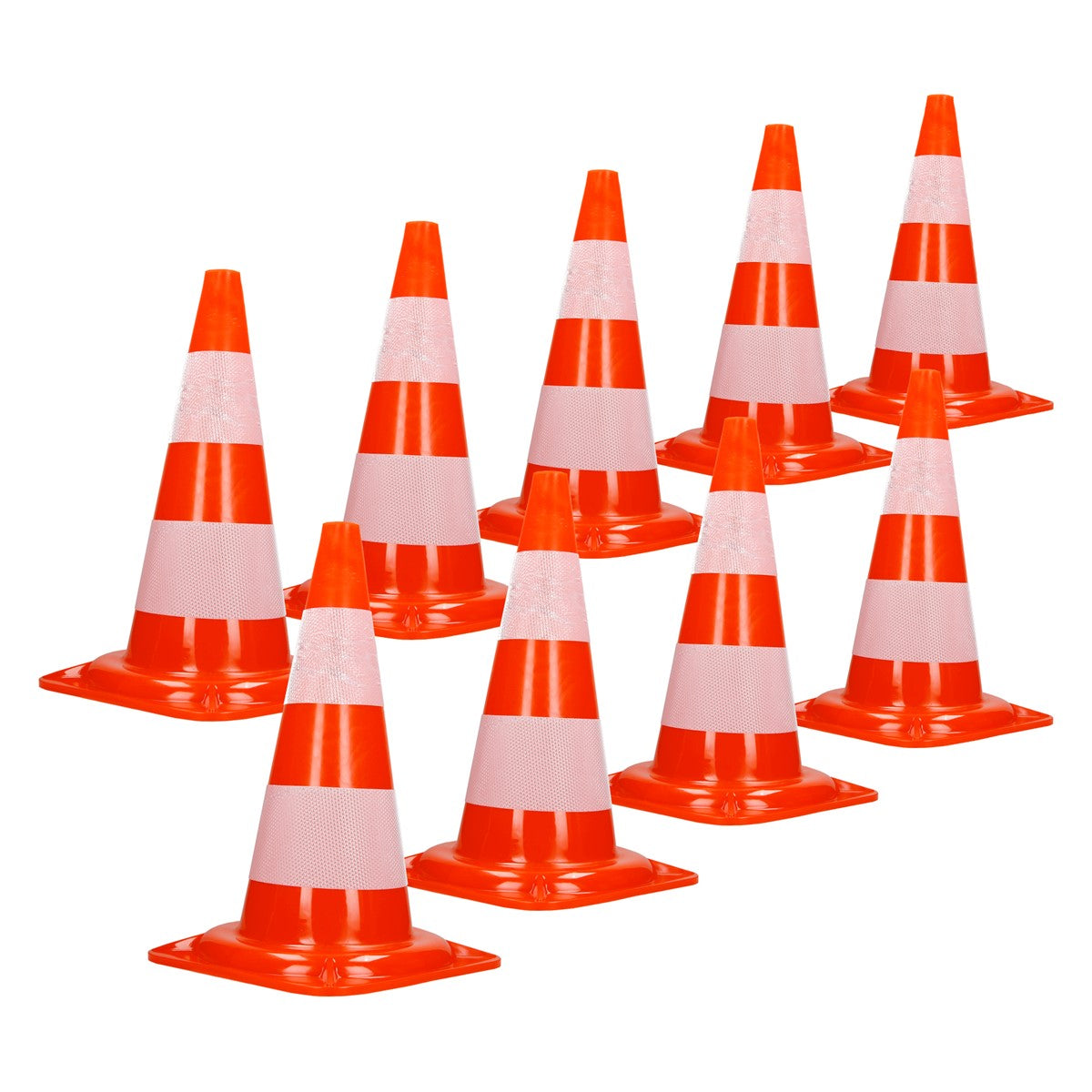 Nine orange traffic cones with white stripes.