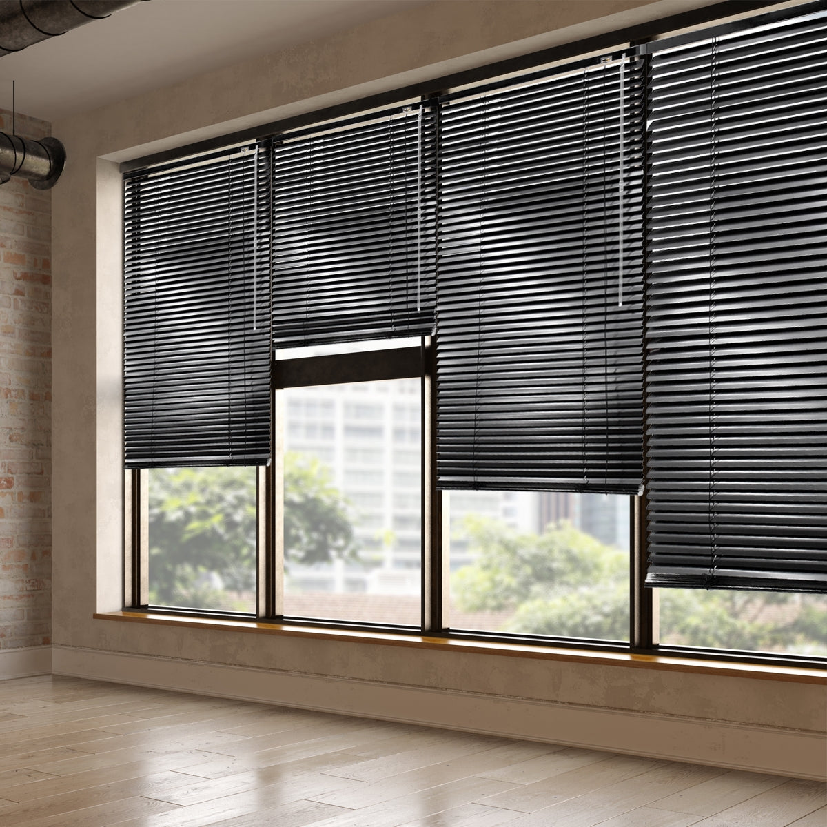 Black blinds in a window with a view of an urban landscape.
