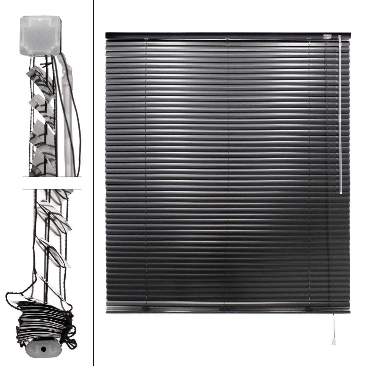 Black blind with a rolled-up mechanism and cord.
