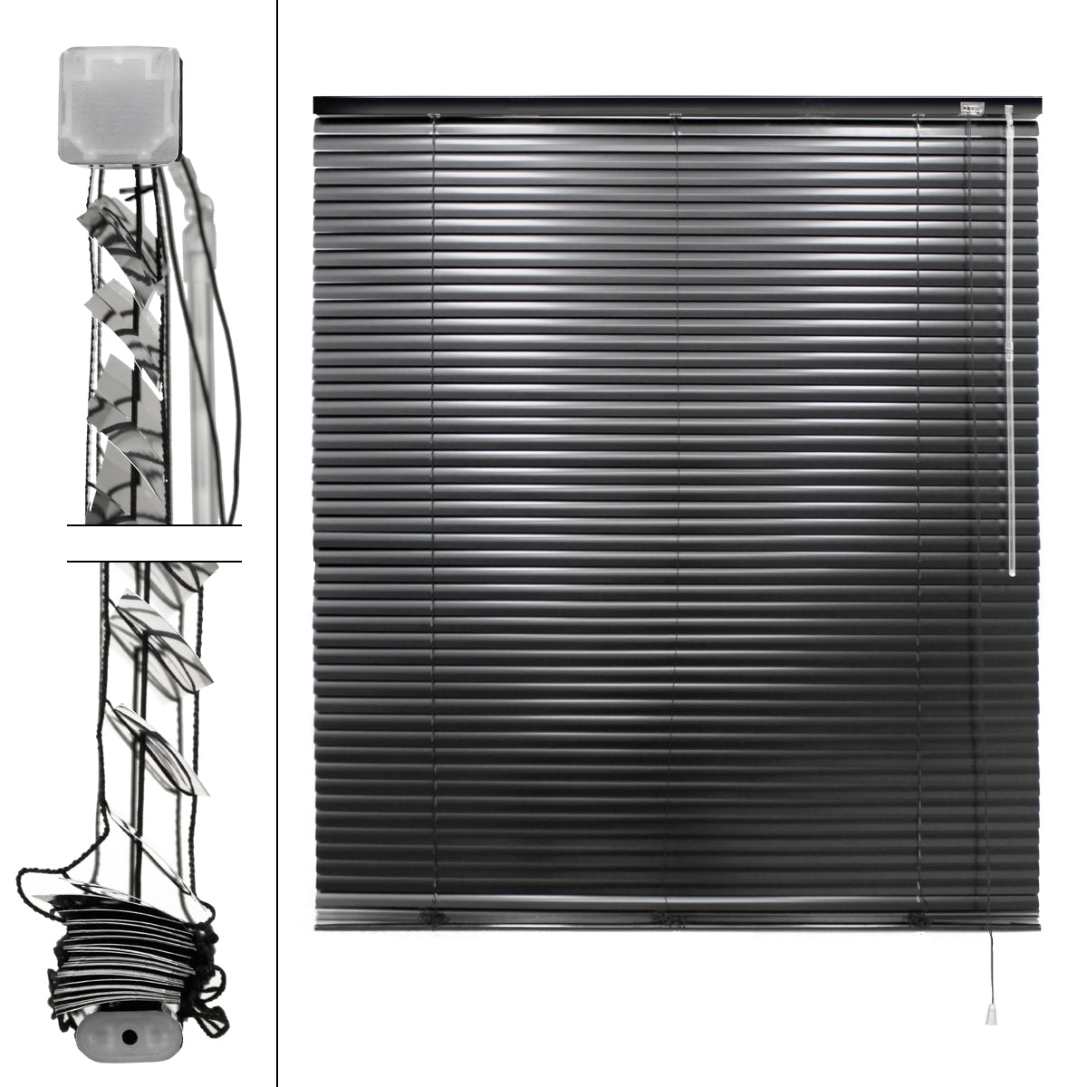 Black blind with rolled-up mechanism and cord.