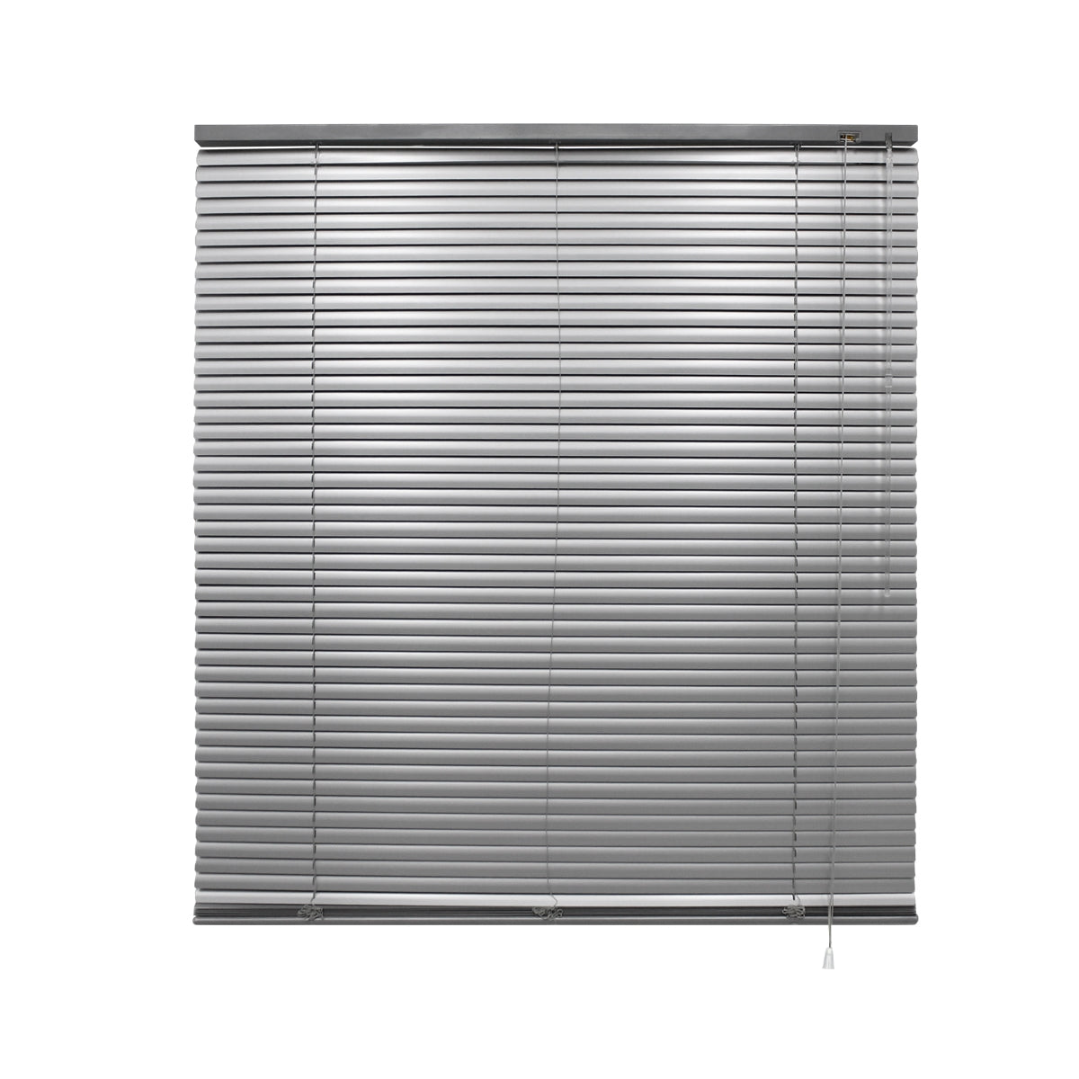 A silver blind with horizontal slats and pull chain.