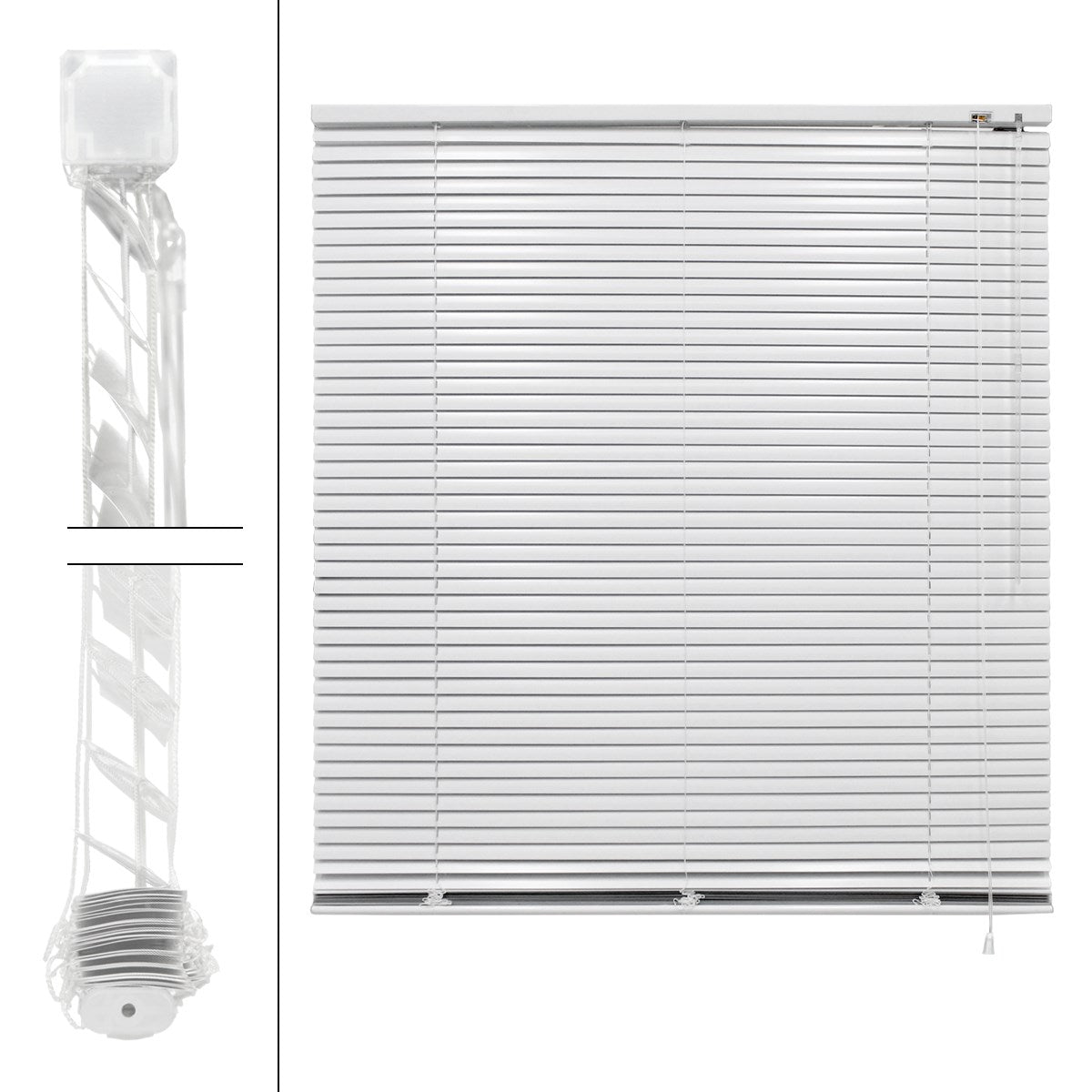 Store blanc avec cordon et support.