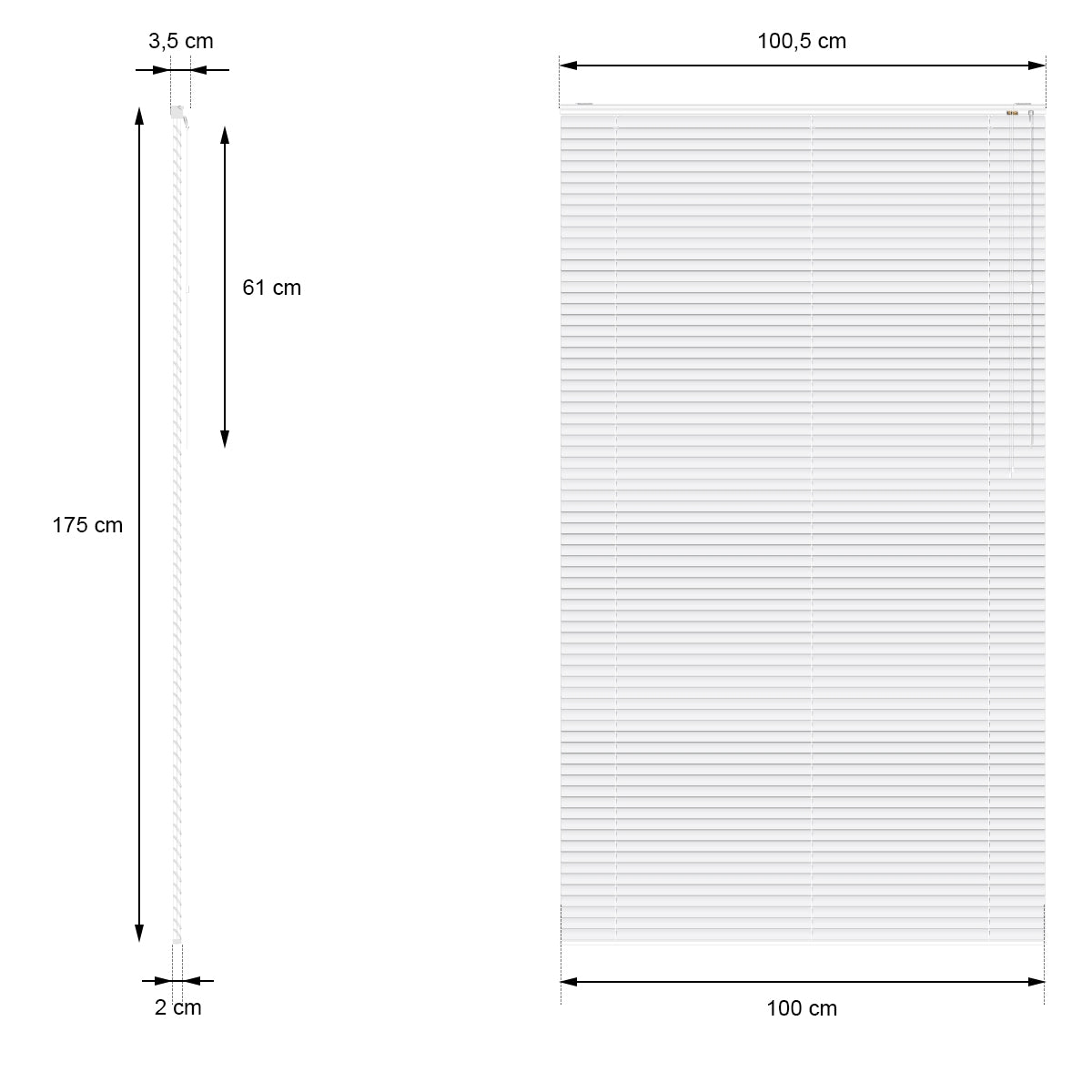 Dimension drawing for a blind with a width of 100.5 cm and a height of 175 cm.