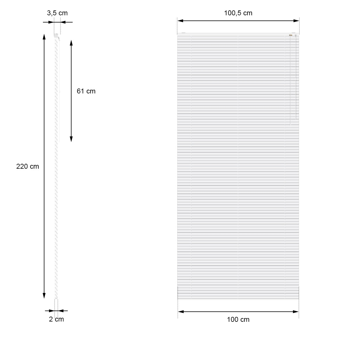 Dibujo técnico para una persiana, 100 cm de ancho y 220 cm de alto.