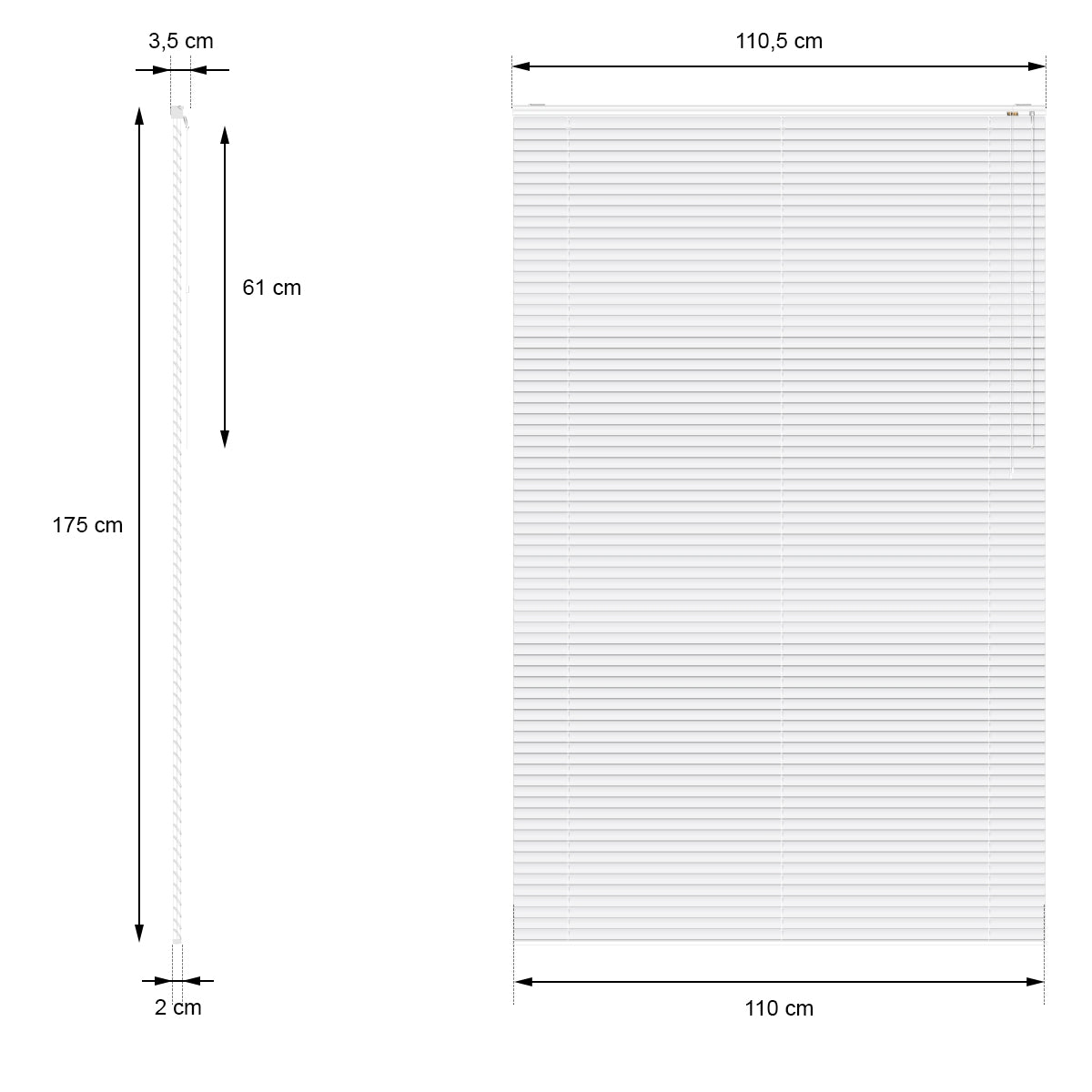 Pleated blind with dimensions 110x175 cm, in white color.
