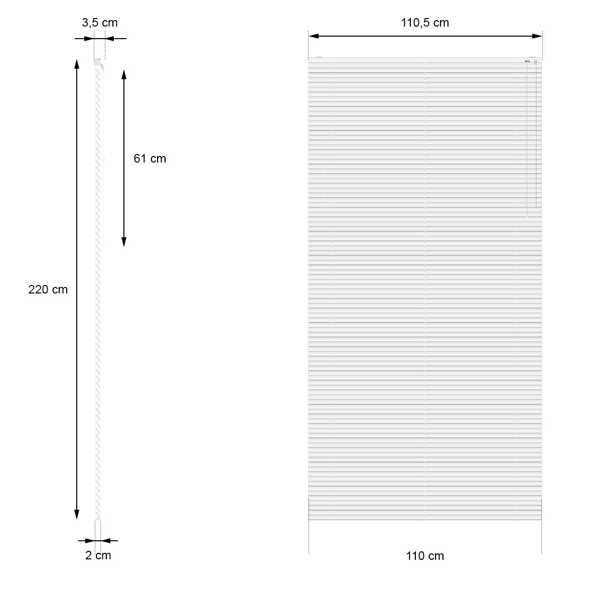 Measurement drawing for a blind, 110 cm wide and 220 cm high.