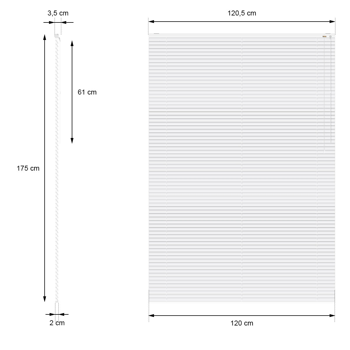 Dibujo de medidas para una persiana con dimensiones de 120,5 cm x 175 cm.