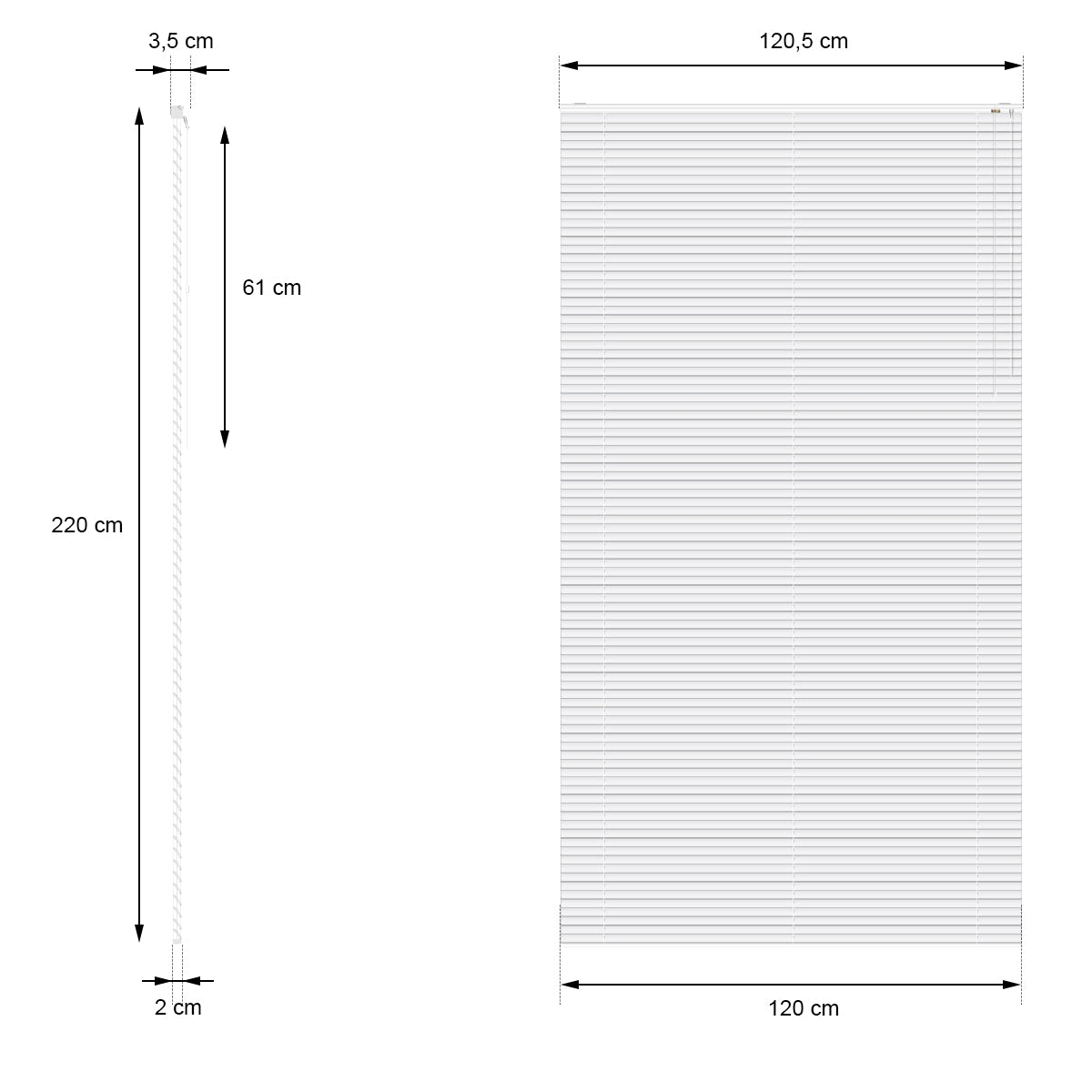 Measurement drawing for a blind with dimensions 120.5 x 220 cm.