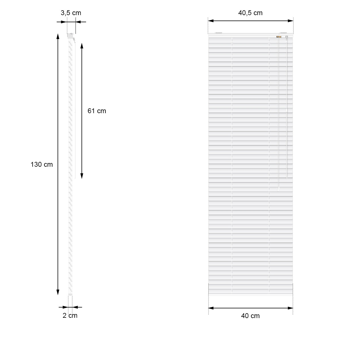 Measurement drawing for a blind with a width of 40.5 cm and a height of 130 cm.