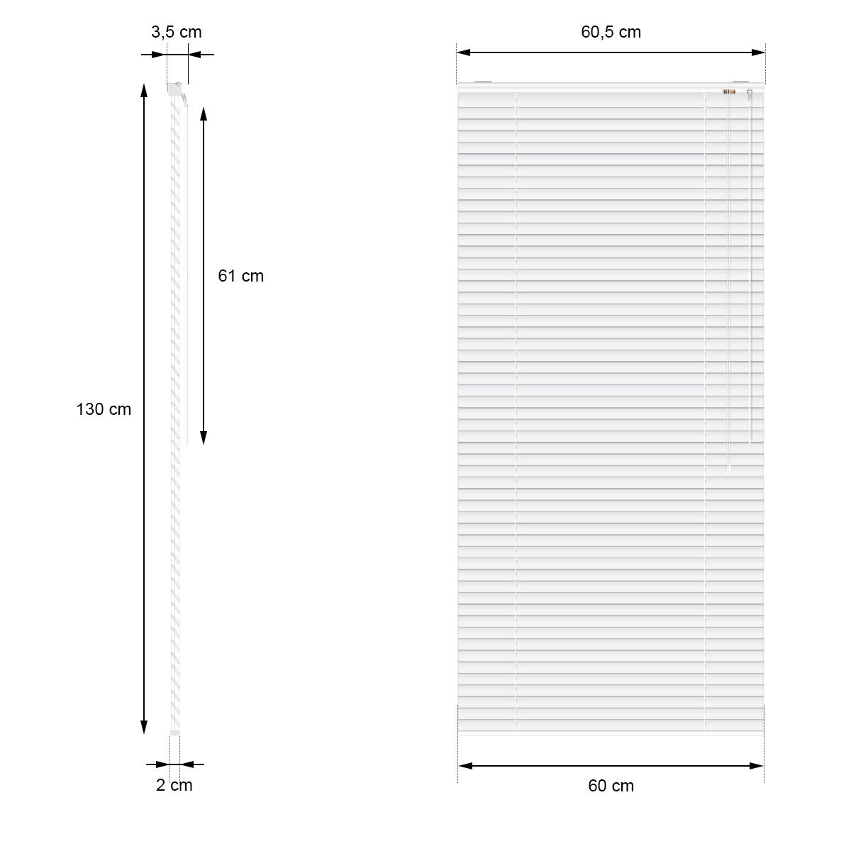 Maßzeichnung für einen Fensterrollo mit Abmessungen.