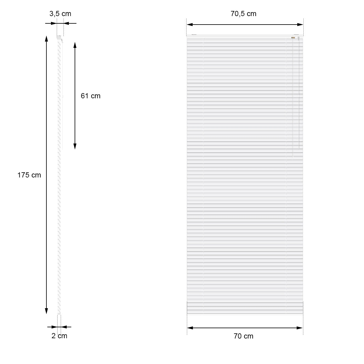 Maßzeichnung für eine Jalousie mit den Abmessungen 70x175 cm.