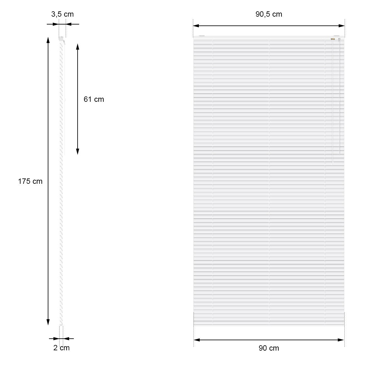Rysunek wymiarowy żaluzji o szerokości 90 cm i wysokości 175 cm.