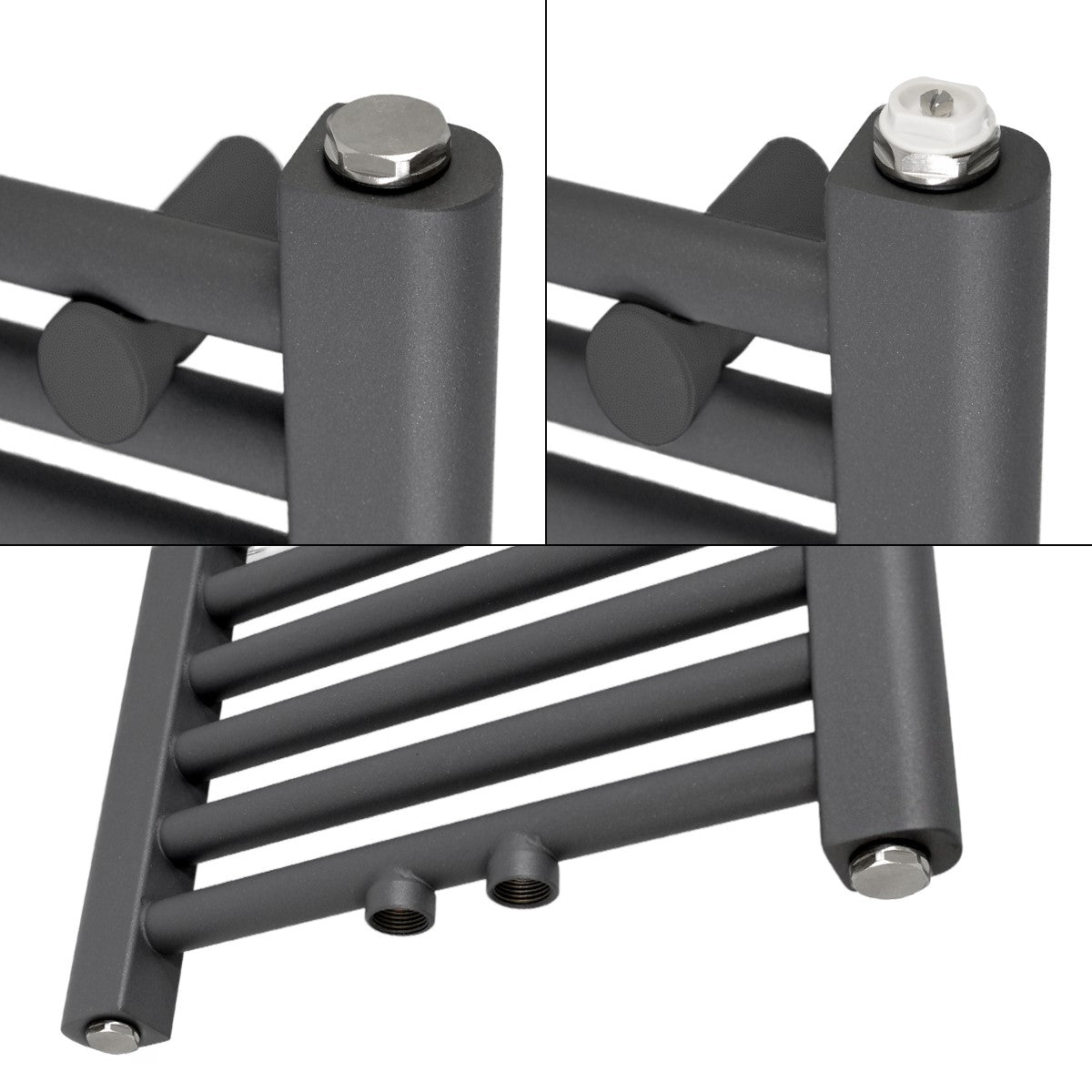 Tre visninger af en antracitfarvet radiator med tilslutninger.