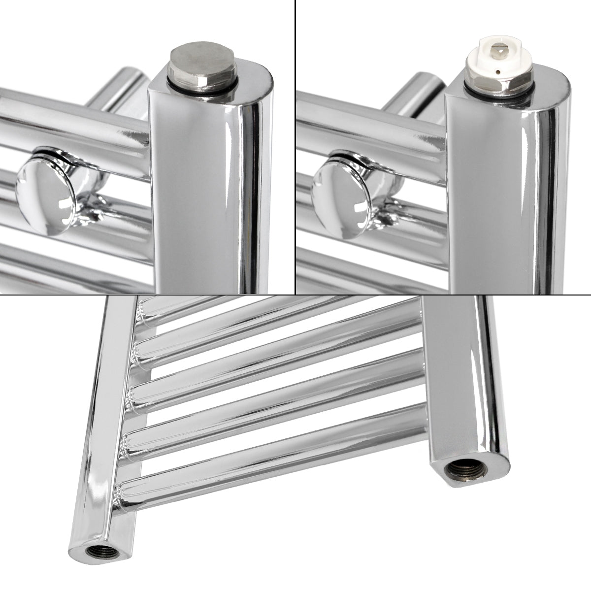 Trois vues d'un radiateur chromé avec des connexions.