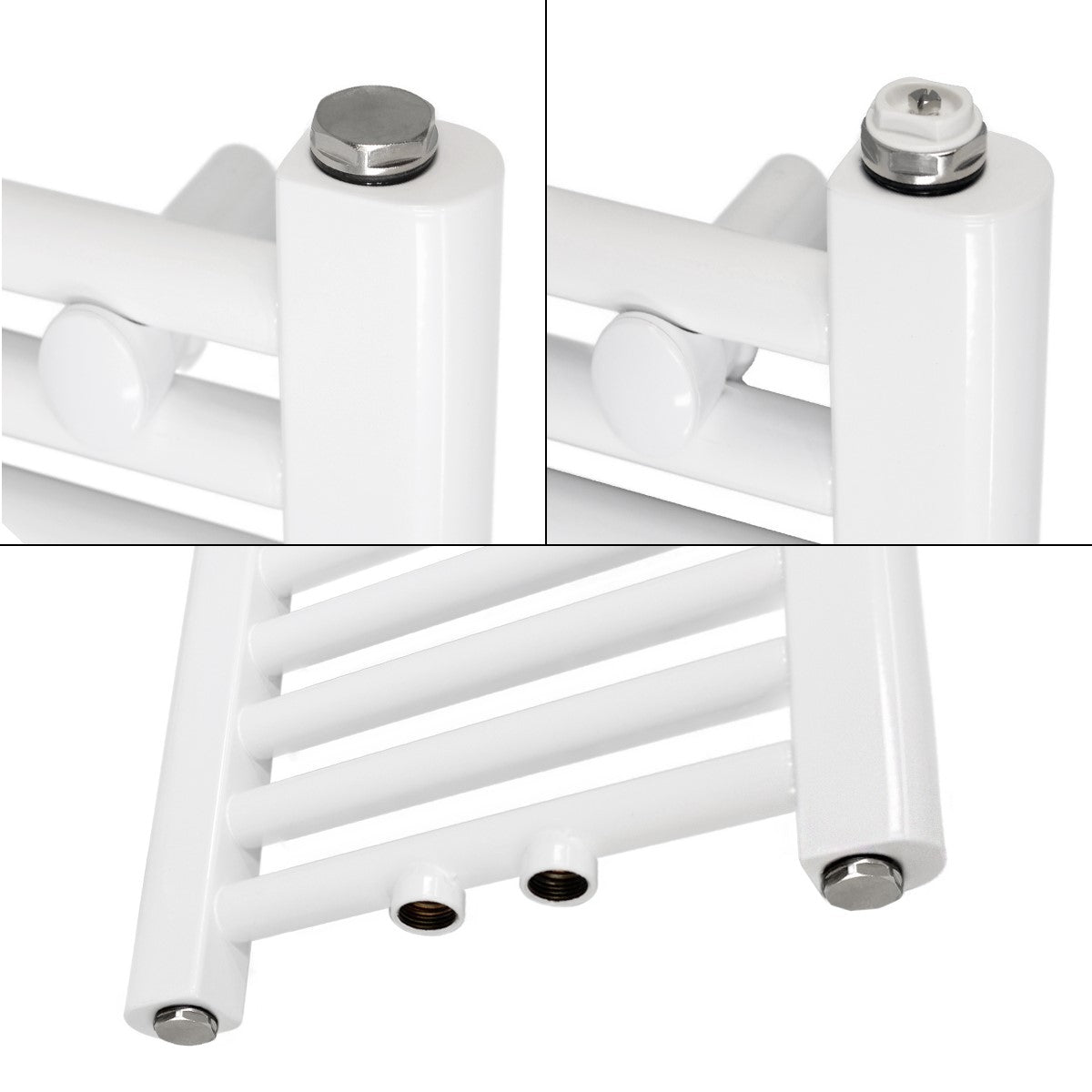 Midtervisning af en hvid radiator med tilslutningspunkter.