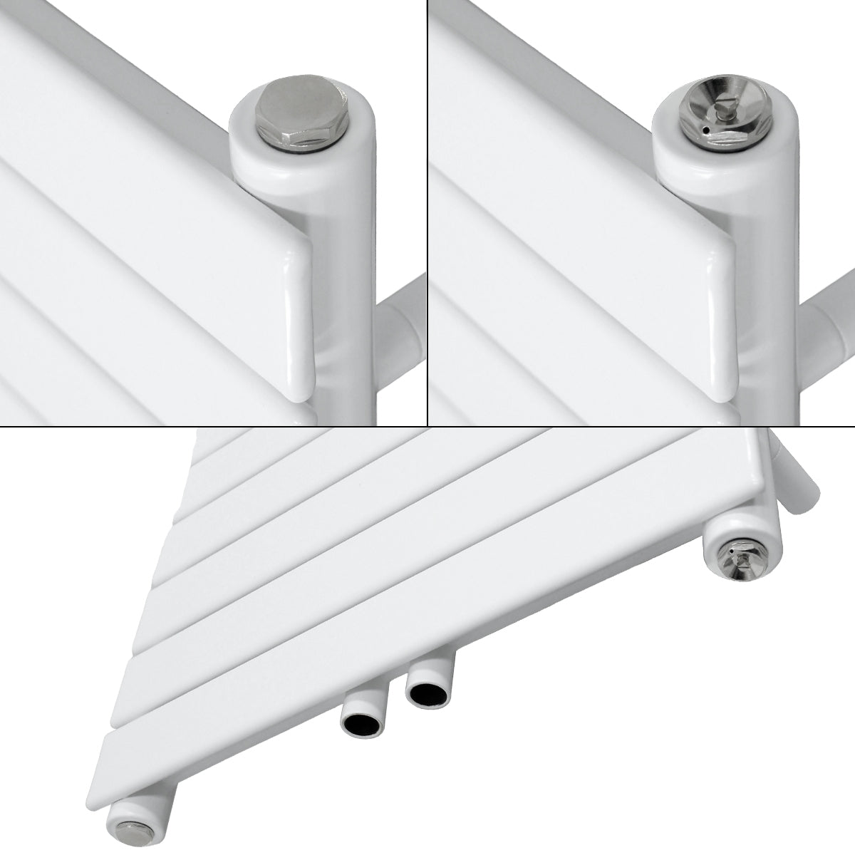 White radiator connections with various fastening elements.