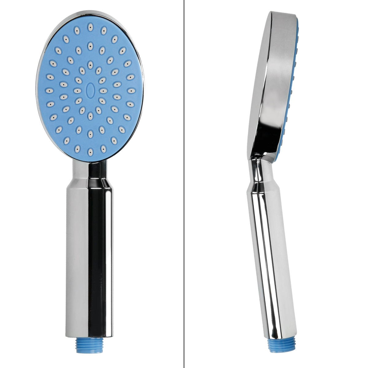 Runde Handbrause in Blau mit Wasserlöchern auf silbernem Griff.