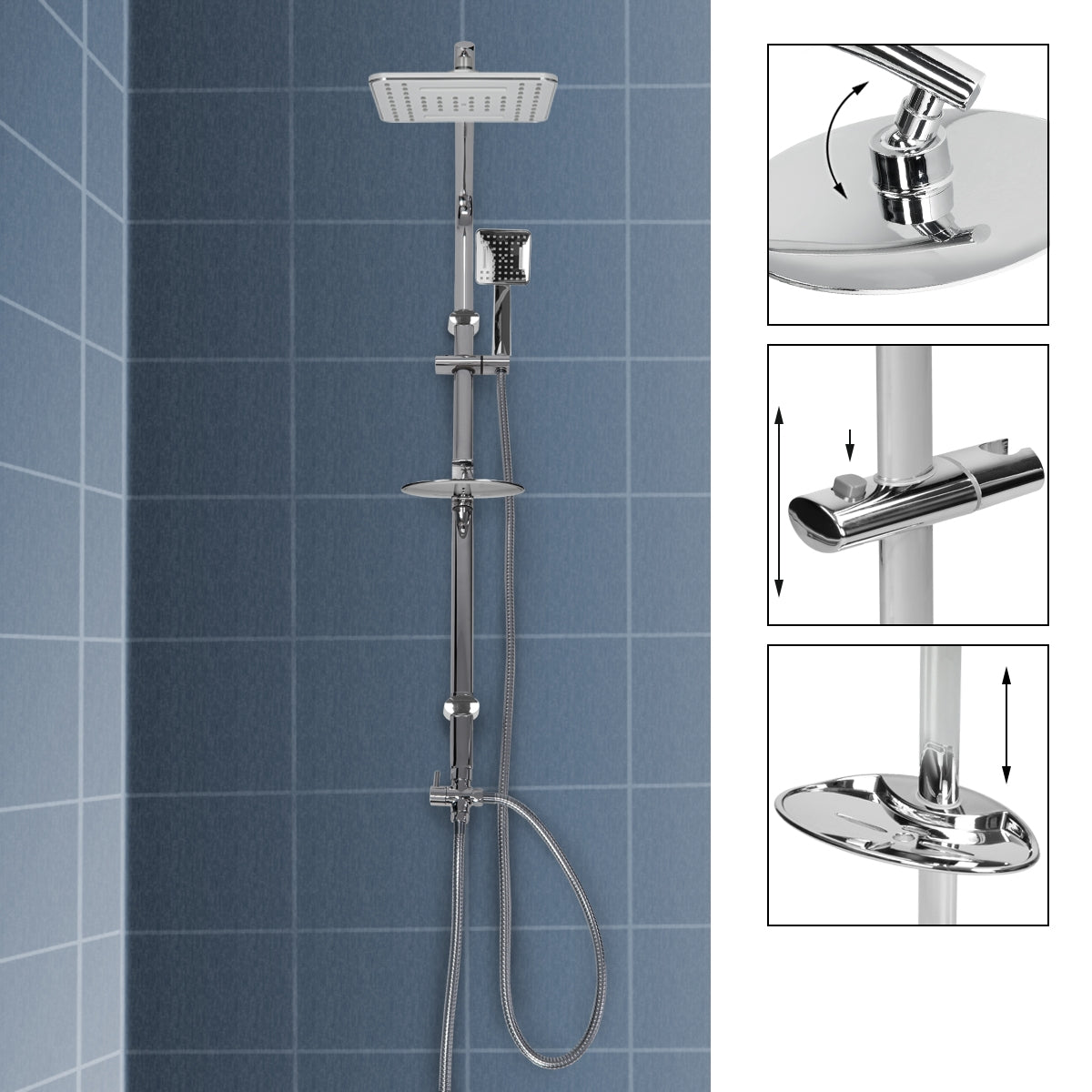 Sistema de ducha en azulejos azules con cabezal y ducha de mano.