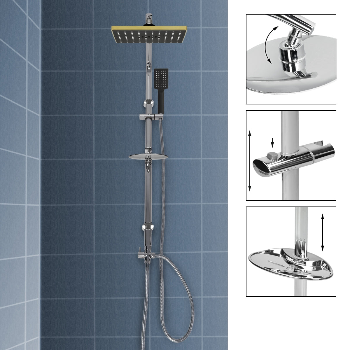 Shower system on a wall with overhead shower and hand shower in a modern design.