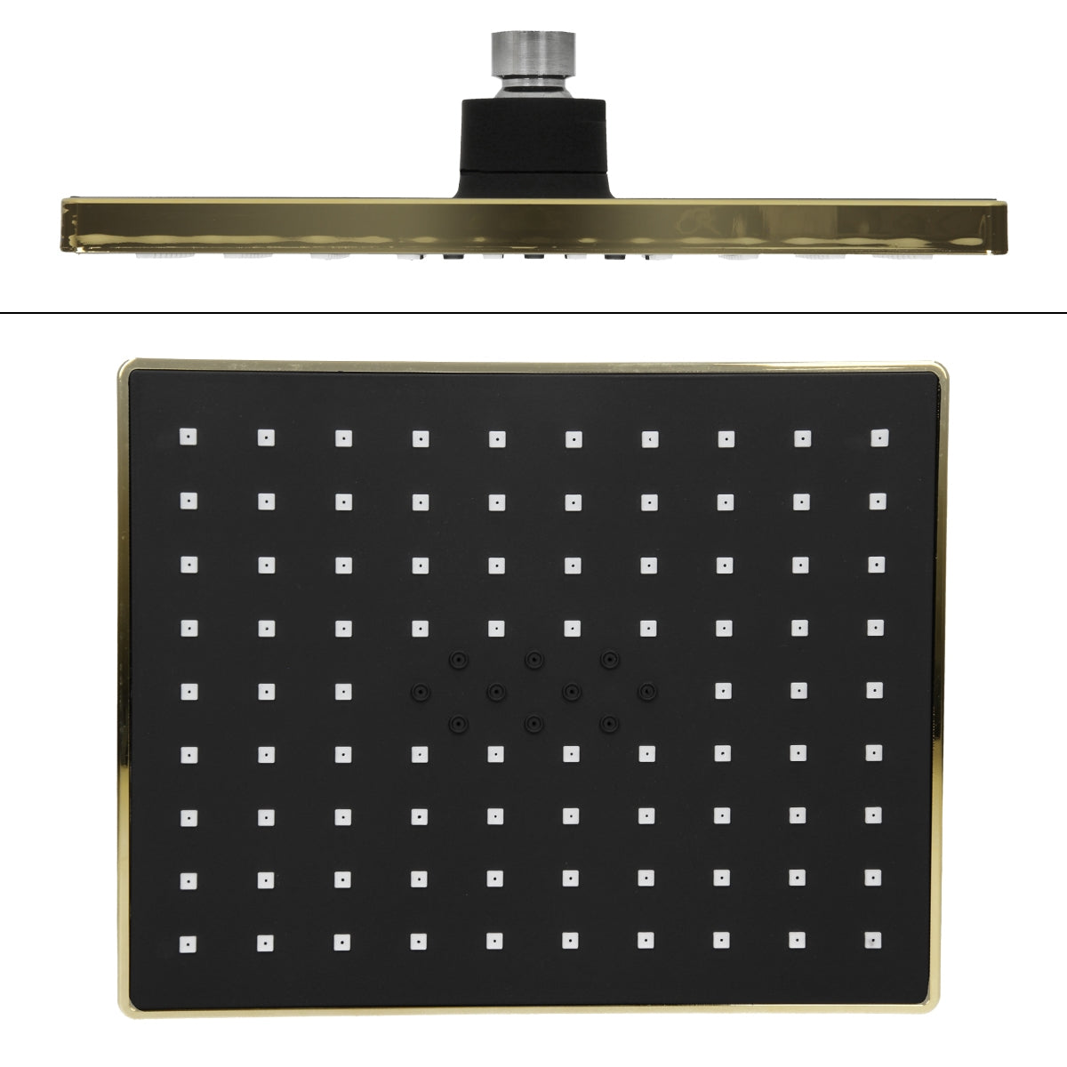 Shower head with a square black surface and gold trim.