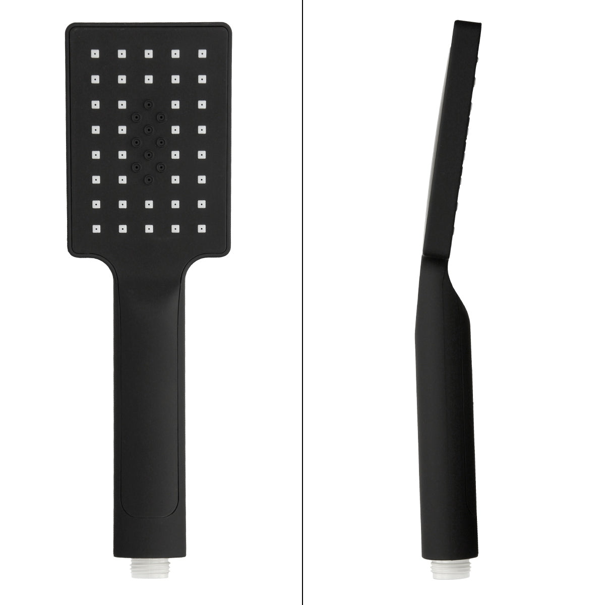 Black shower head with a square shape and many nozzles.