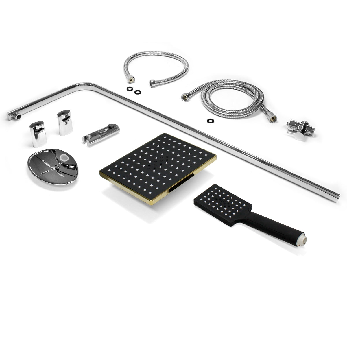 Various shower fittings and accessories on a white background.