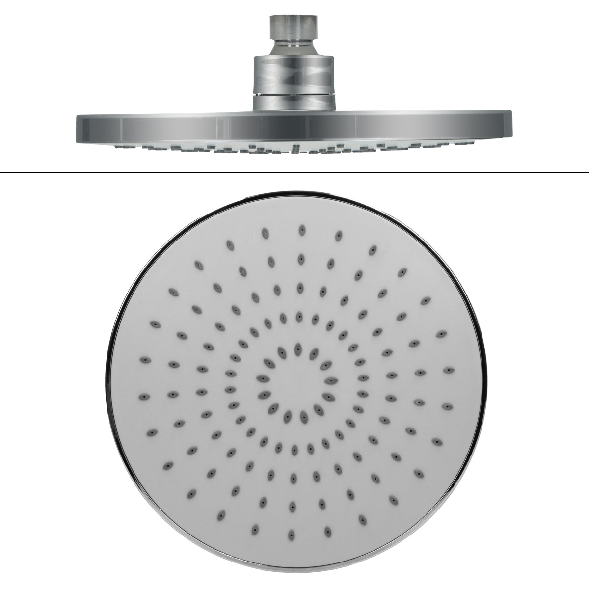 Pommeau de douche visible en haut avec de nombreuses buses en forme ronde.