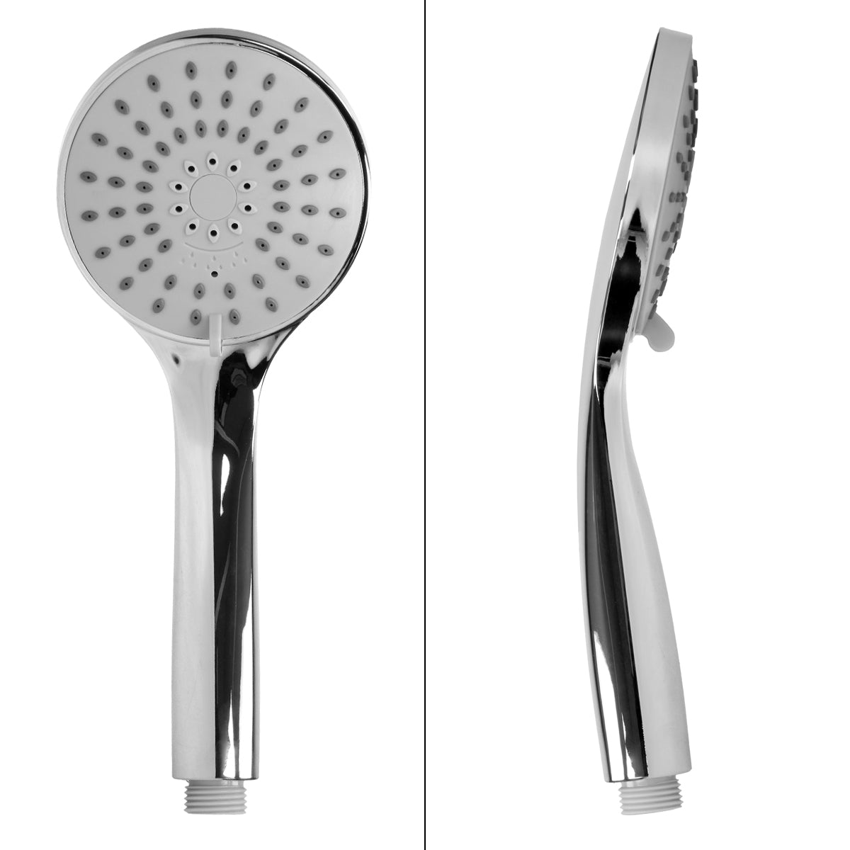 Gros plan d'un pommeau de douche de face et de côté.