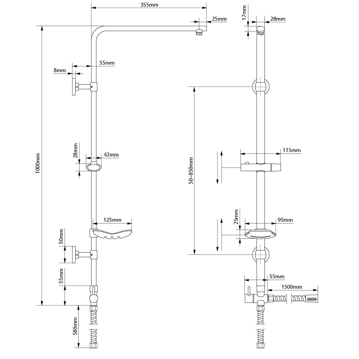 Technical drawing of a shower rod with dimensions and details.