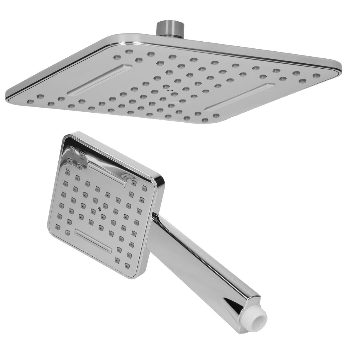 Cabezal de ducha cuadrado con brazo ajustable y orificios de agua.