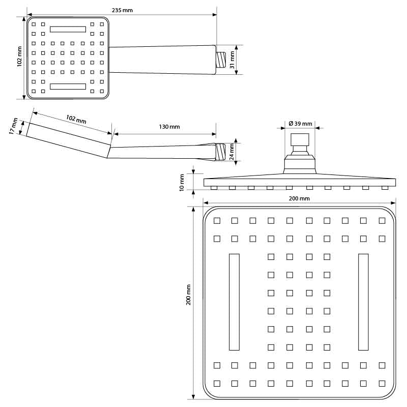 Dibujo técnico de un cabezal de ducha cuadrado con medidas.