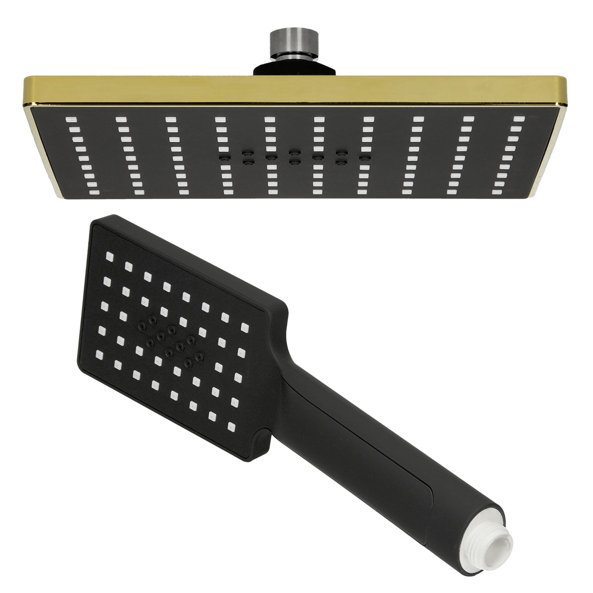 Black shower head with golden accents and square shape.