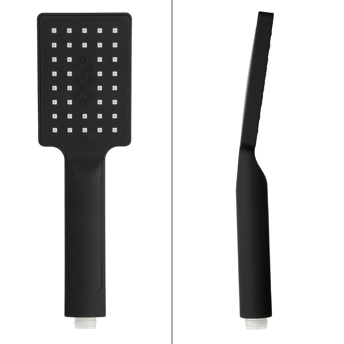 Black shower head with a square shape and many small holes.