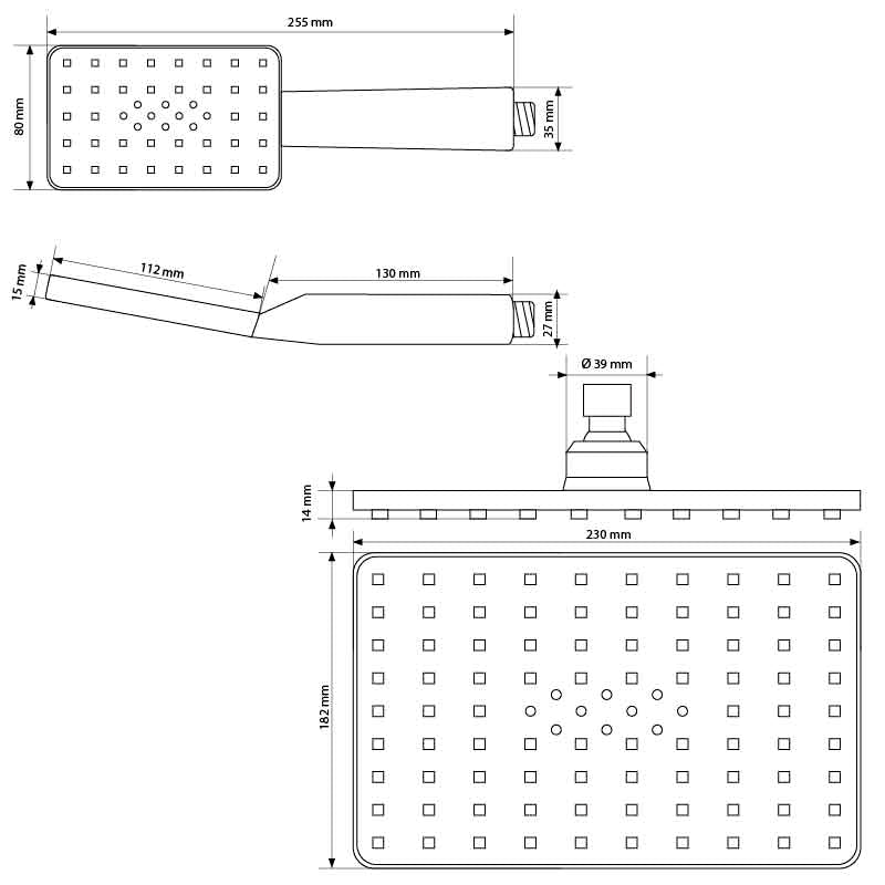 Technical drawing of a rectangular shower fitting with dimensions.