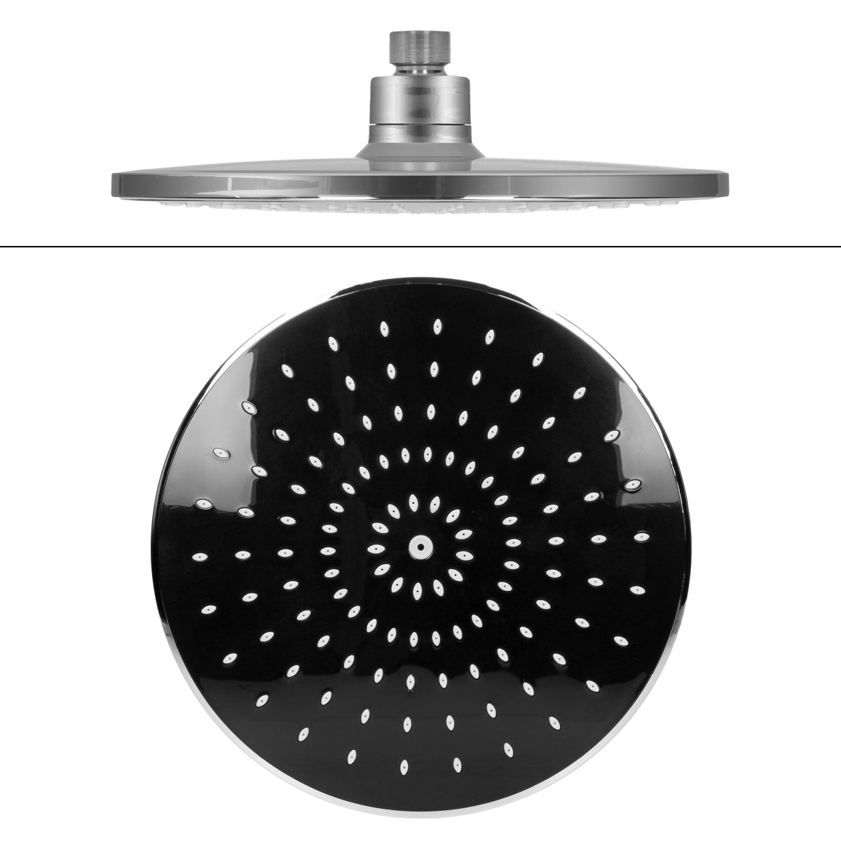 Round shower head with oval water holes in black color.