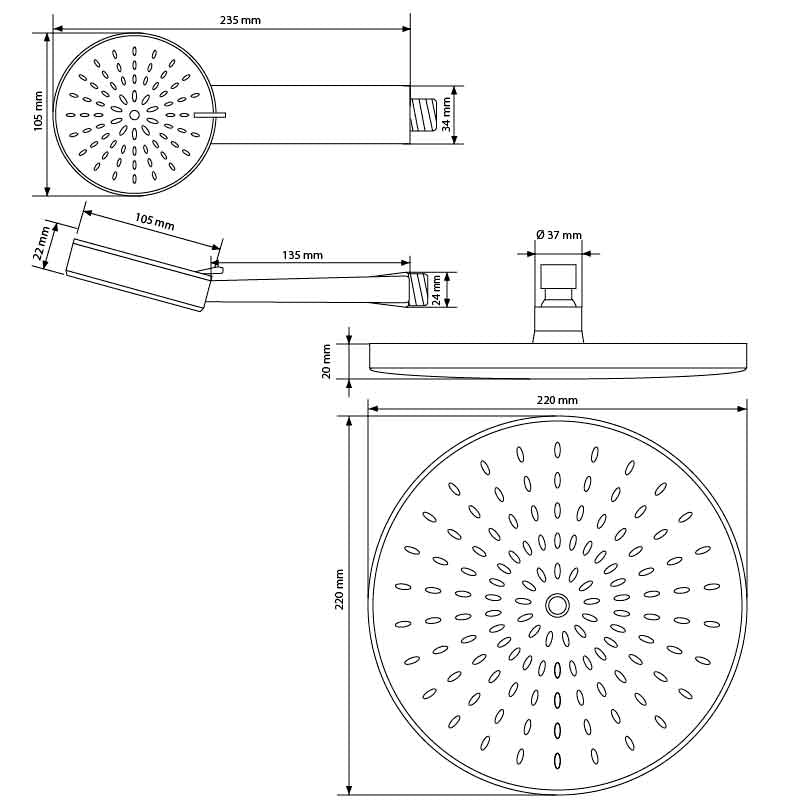 Technical drawing of a shower head with dimensions and details.