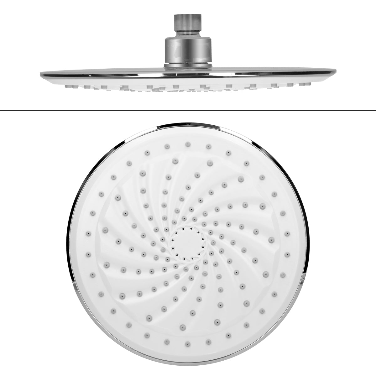 Shower head with a round, spiral nozzle arrangement, silver in color.