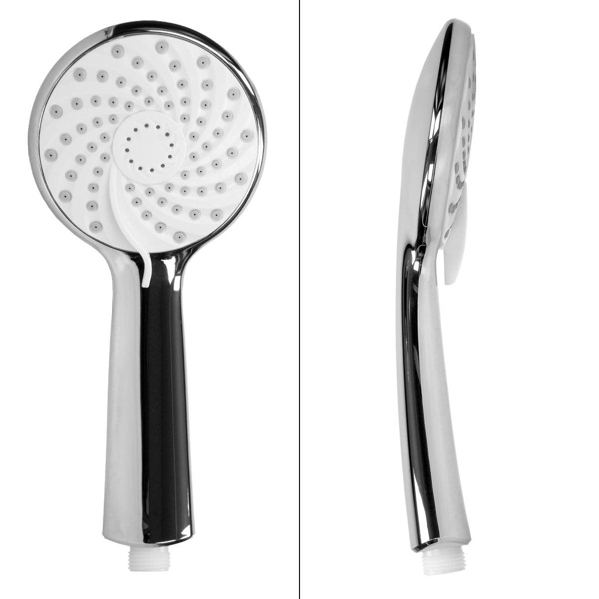Shower head with spiral design and shiny surface.