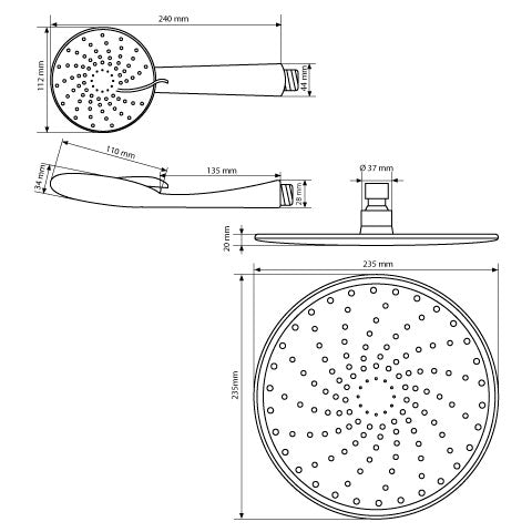 Technical drawing of a shower head with dimensions.