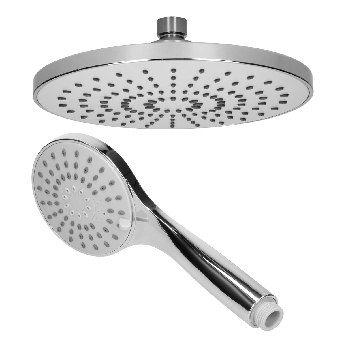 Douche avec pommeau rond et douchette en finition chromée.
