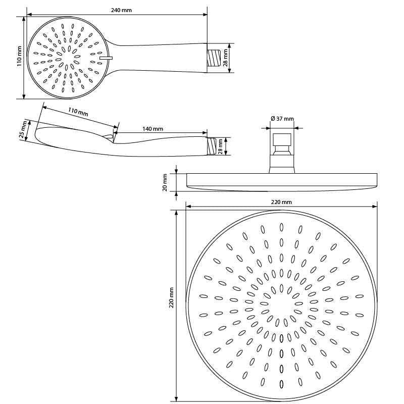 Dessin technique d'un pommeau de douche avec des dimensions.