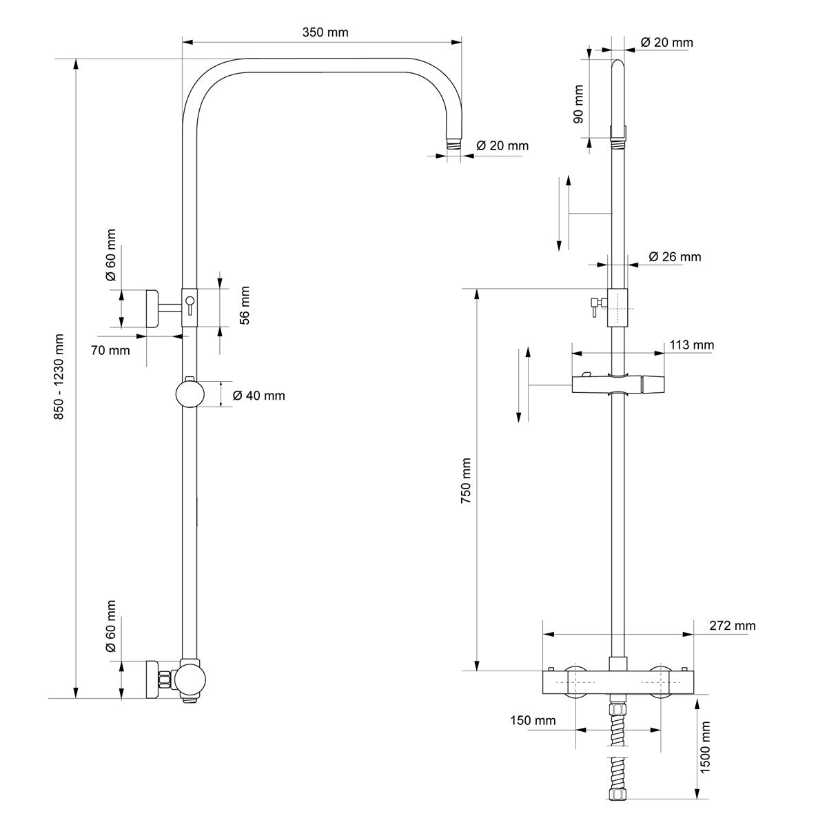 Dibujo técnico de un sistema de ducha con dimensiones y detalles.