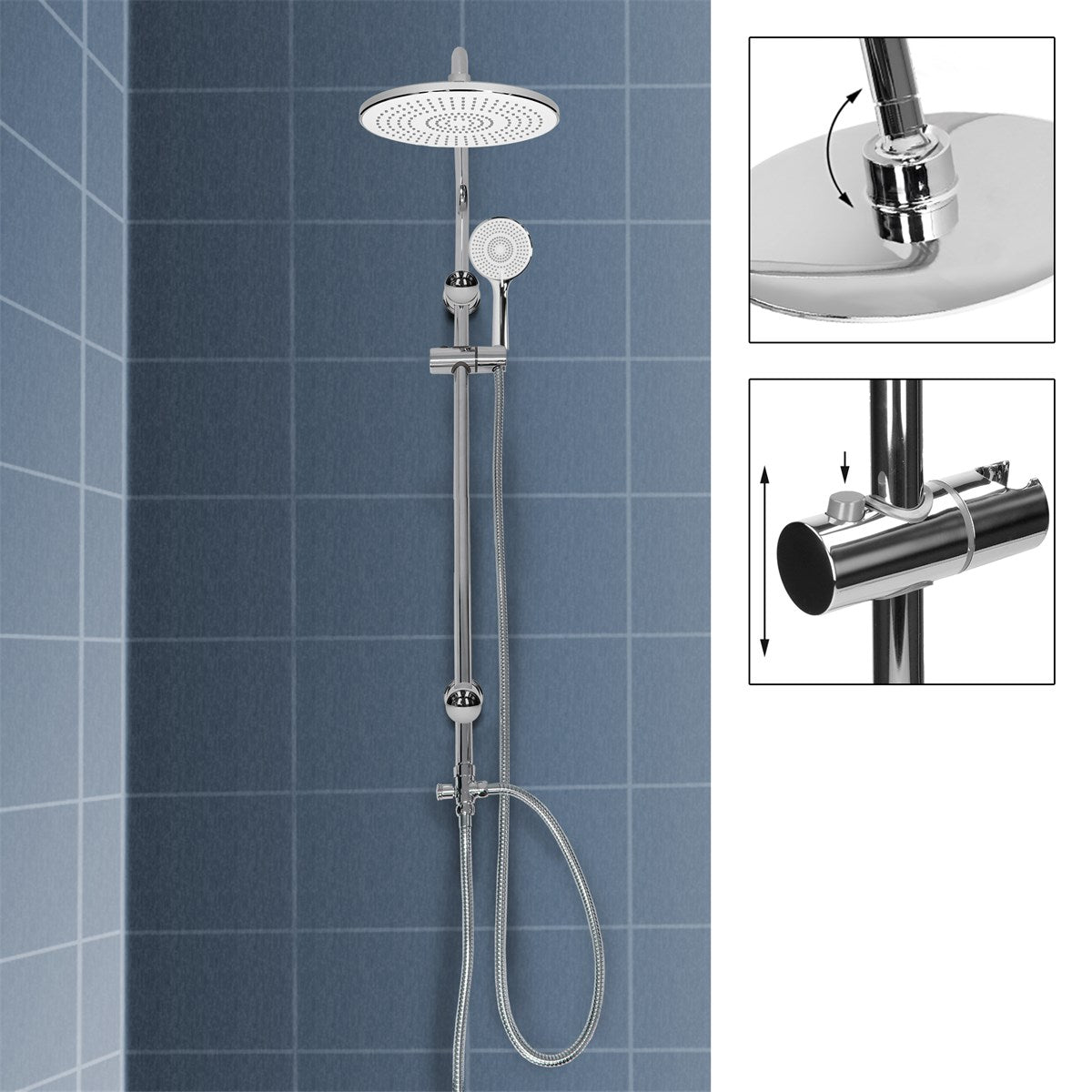 Shower head with a round overhead shower and hand shower on a wall.