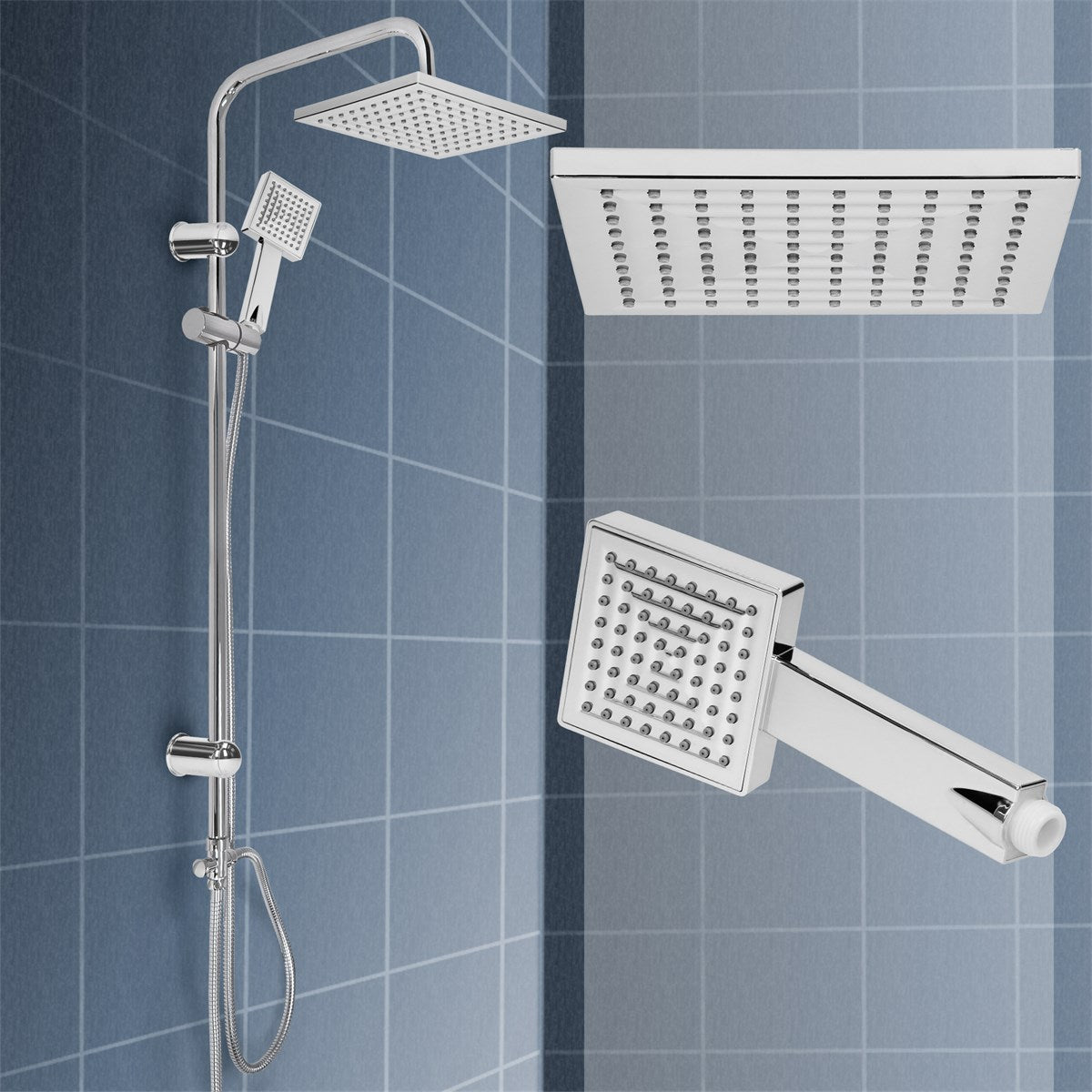 Silver shower fitting with a square overhead shower and hand shower on blue tiles.