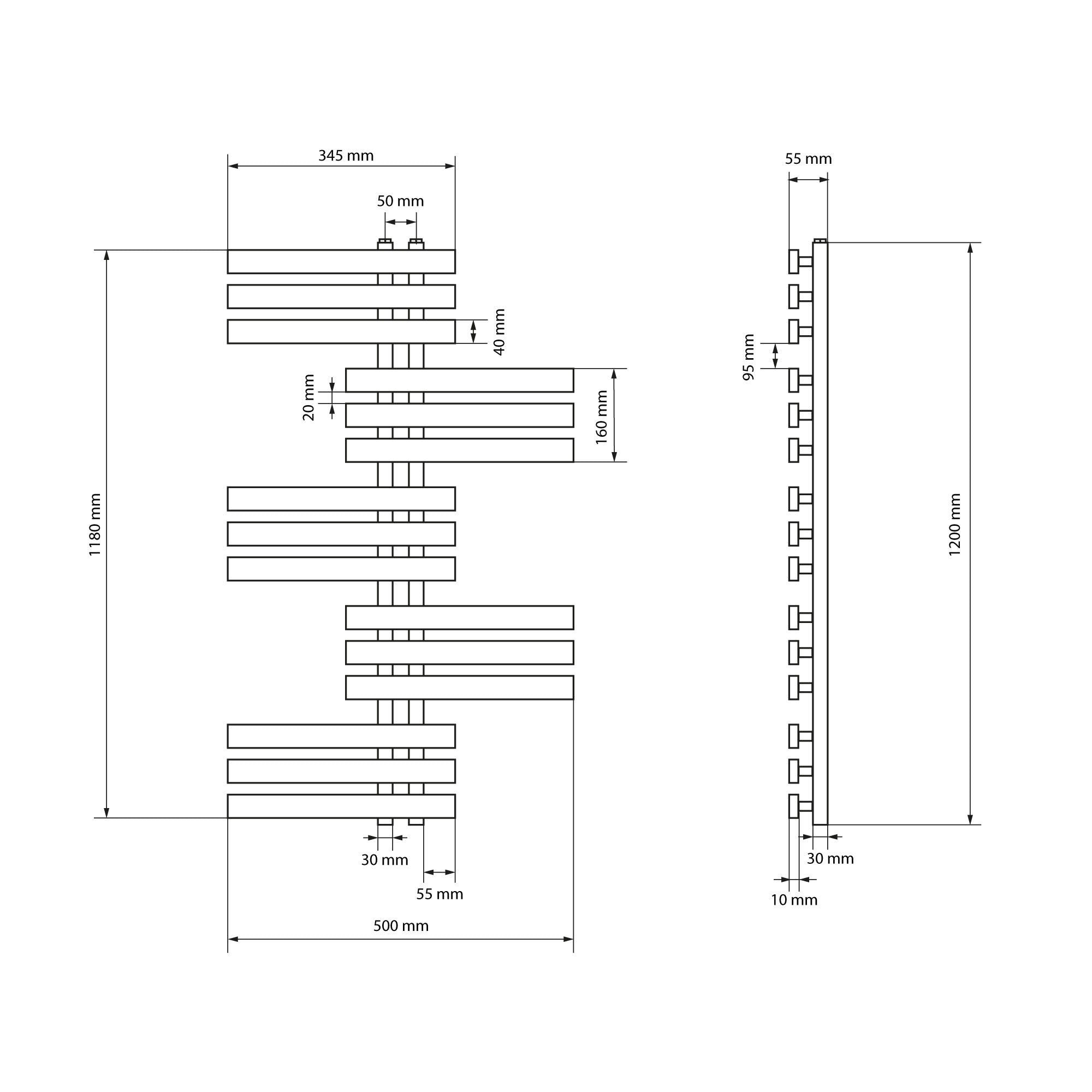 Technical drawing of a radiator with dimensions.