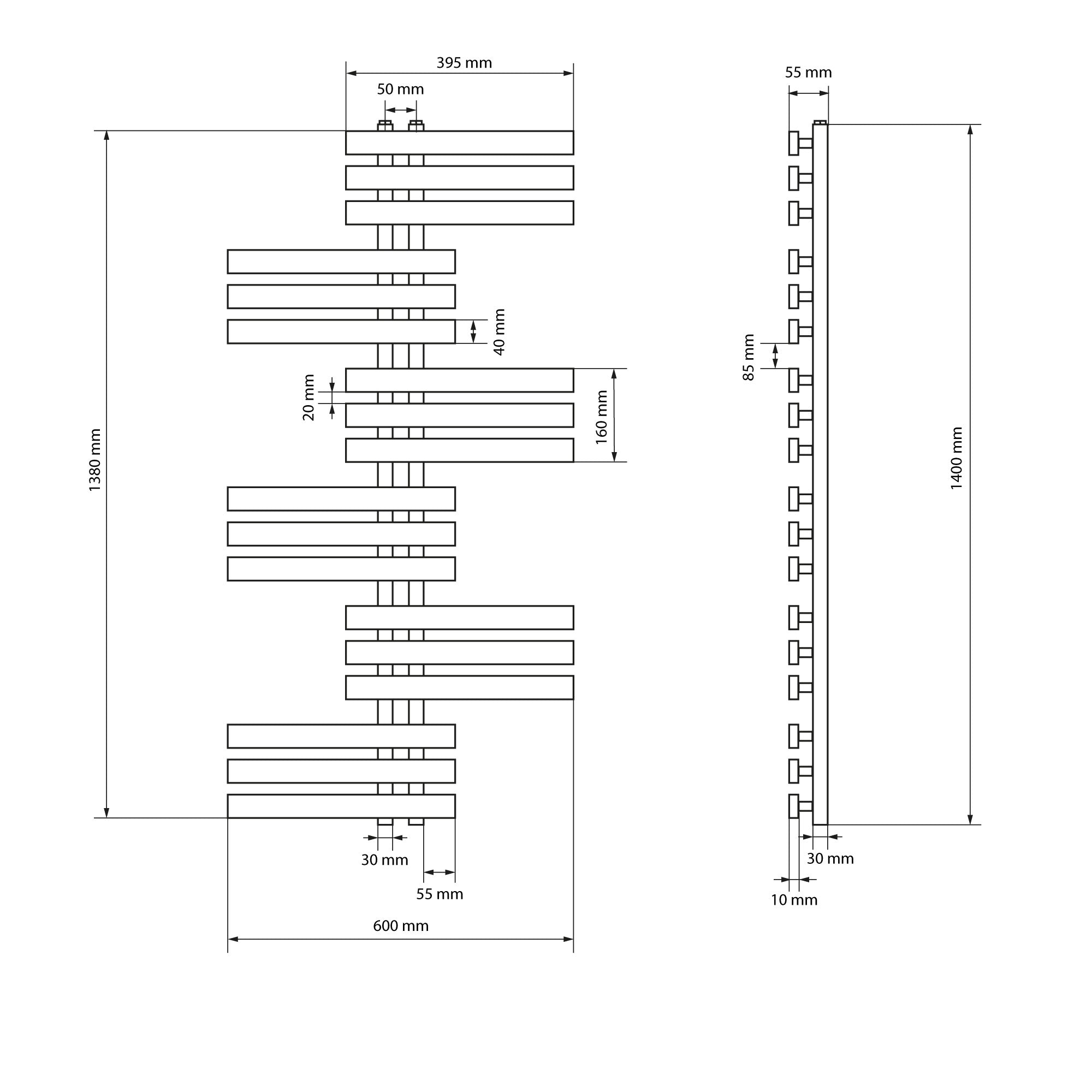Technische tekening met afmetingen voor een radiator model.
